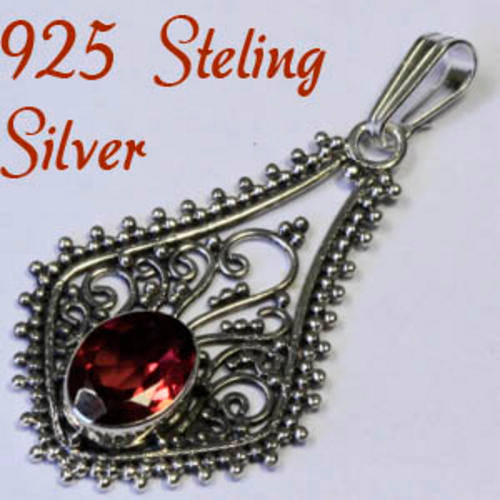 Solid 925 Sterling Silver & Natural Garnet Pendant 36mm + 1.80g