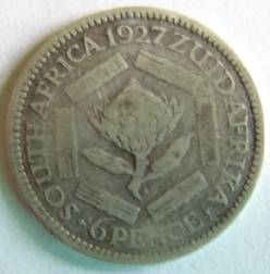 S.A.UNION 1927 "6 PENCE" SILVER COIN.