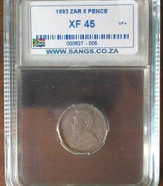 GRADED XF 45 - ZAR 1893 "6 PENCE" SILVER COIN.