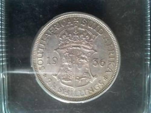 GRADED AU 58 - SOUTH AFRICA 1936 "2.5 SHILLINGS" SILVER COIN.