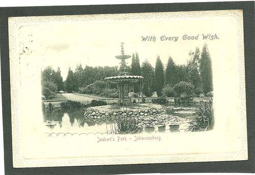 Used postcard of the fountains in Joubert Park. Nice clear cancel. 1904