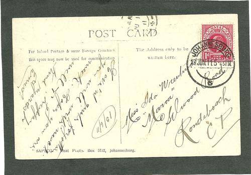 Real photog card of the JSE. Natal stamp used in Joburg. Very clear cancel.