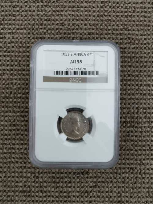 1953 South African 6P - NGC AU58