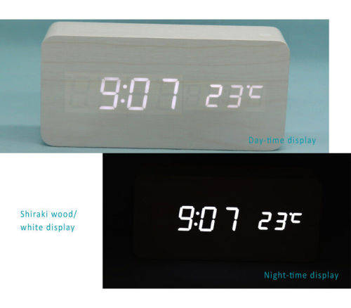 Wood Wooden Clock with LED Display 3 Sets Alarm Time Temperature Sound Control