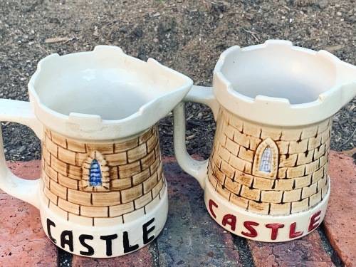 Pair Of Collectible Castle Ceramic Jugs - Left Is SA Drostdy Ware / Right Is English ML