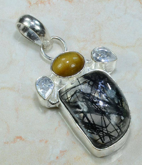 !!!Stock Clearance Sale!! RUTILATED QUARTZ, TIGER EYE and QUARTZ SILVER PENDANT