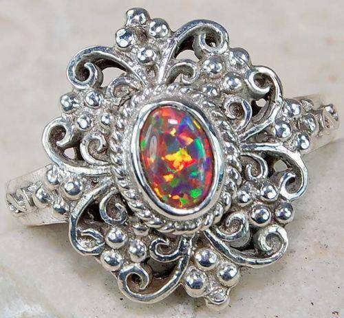 STUNNING RED FIRE OPAL STERLING SILVER FILIGREE RING SIZE 6