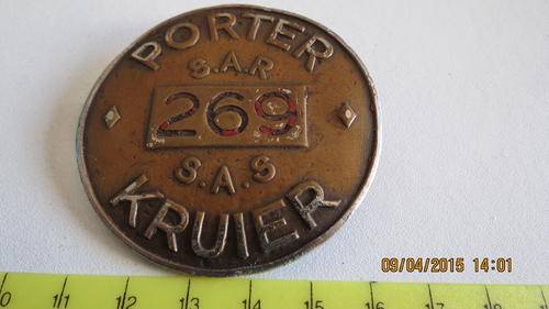 S.A.R. Porter number 269 badge, pin missing, as per scan