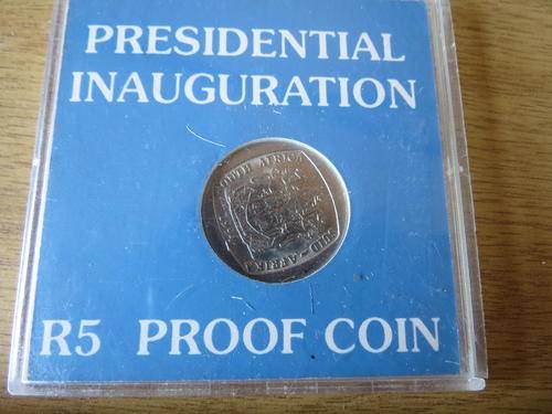 Mandela Presidential Inauguration R5 Proof coin holder with replacement R5 coin, not Proof
