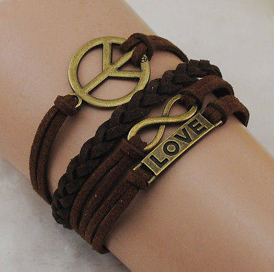 Cute Infinity Peace Love Antique Bronze Velvet Leather Bracelet
