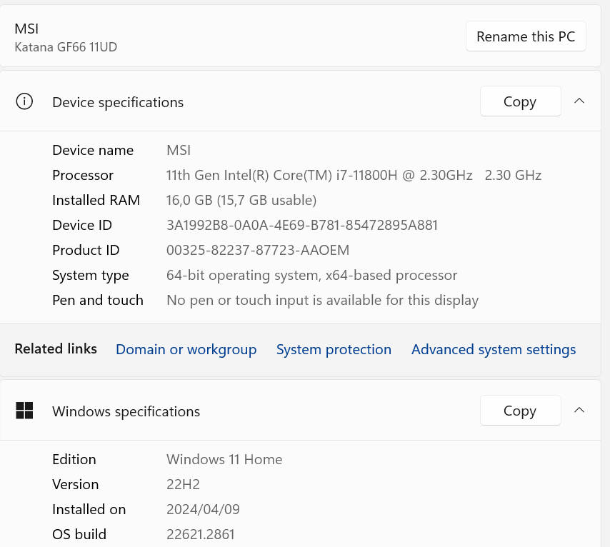 MSI Katana GF-66 11800H/16GB/1TB/RTX 3050Ti 4GB Laptop