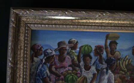 OIL ON CANVAS PAINTING OF FRUIT SELLERS IN GOLD FRAME