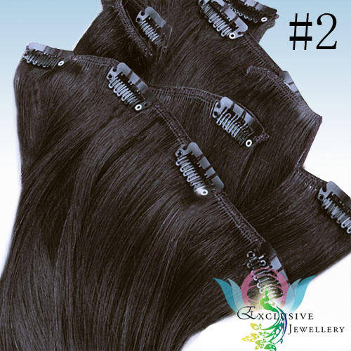 EXCLUSIVE JEWELLERY - Deluxe 7pcs Dark Brown Clip-in Human Hair Extenstions - 16 Inches