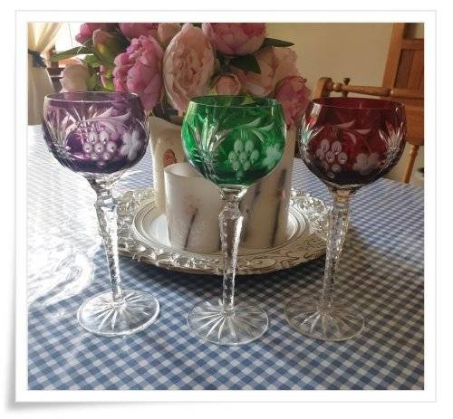 3 Hand Cut Bohemian Harlequin Hock Glasses Just for You C29