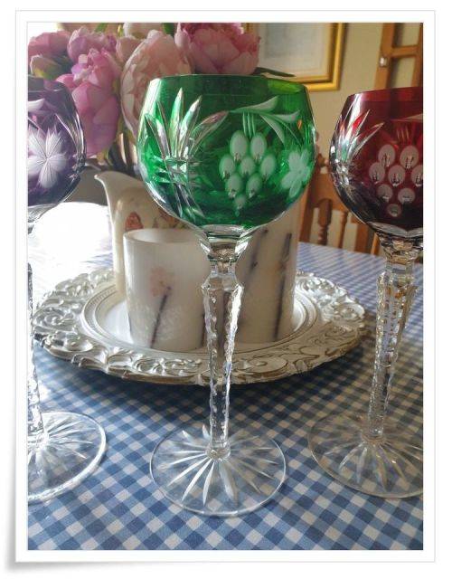 3 Hand Cut Bohemian Harlequin Hock Glasses Just for You C29