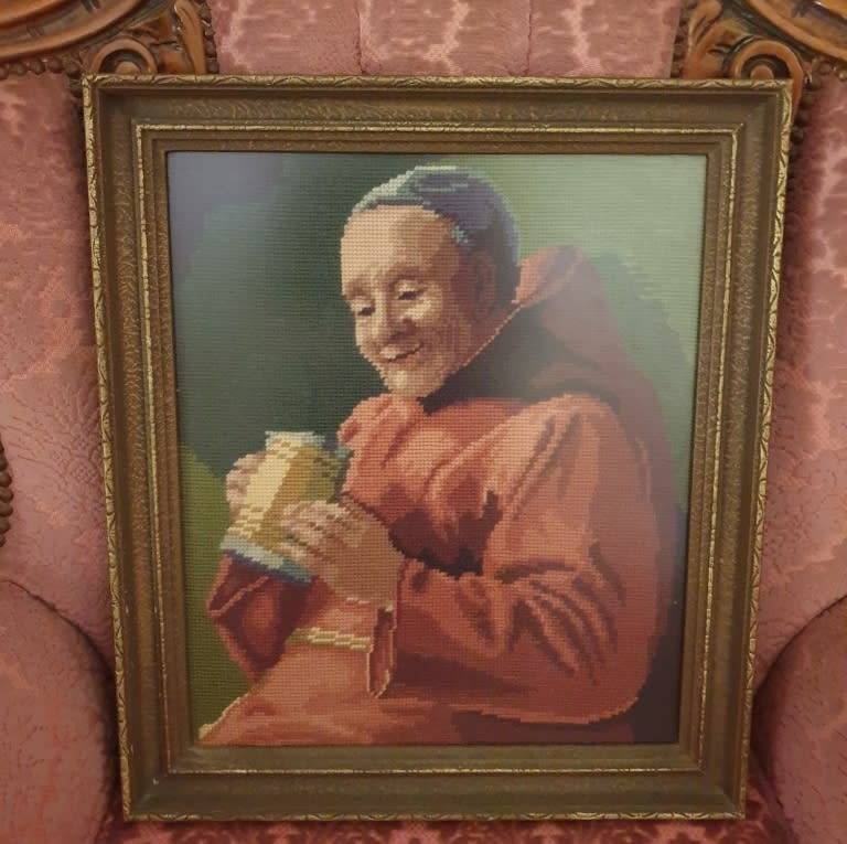 Happy Beer Drinking Monk Red Robe Stein ANTIQUE VINTAGE Handmade Needlepoint Art
