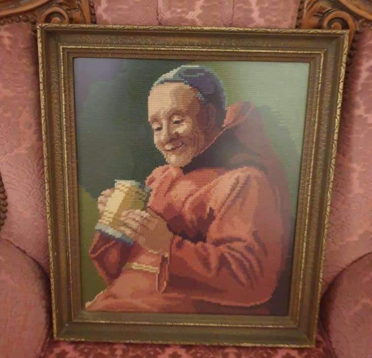 Happy Beer Drinking Monk Red Robe Stein ANTIQUE VINTAGE Handmade Needlepoint Art