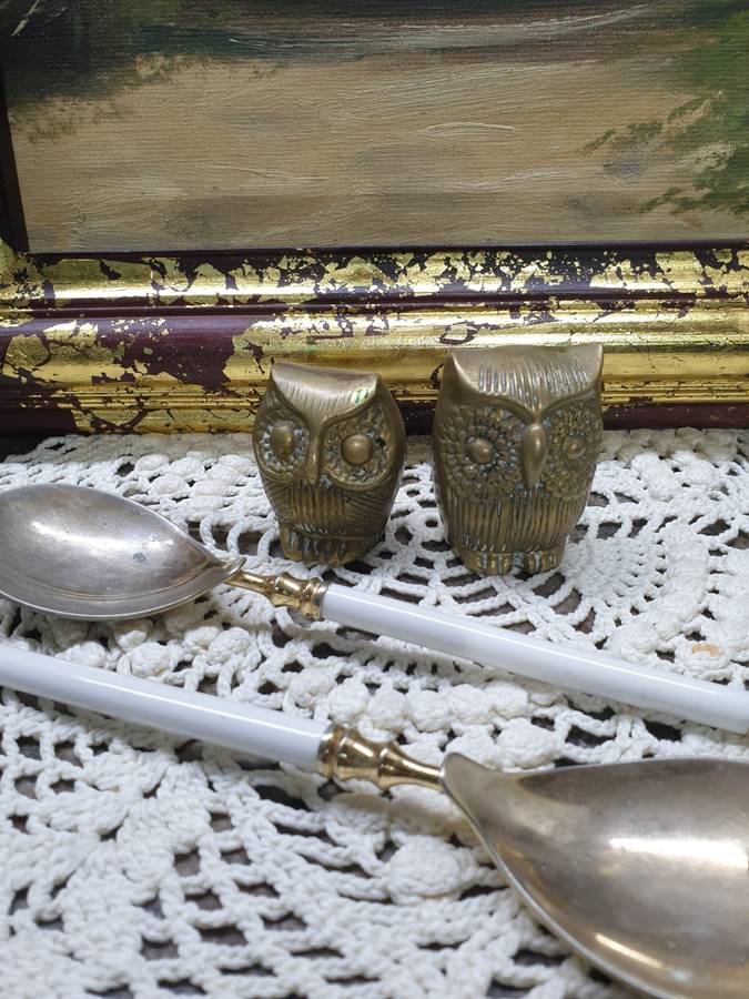 BRASS OWLS AND SALAD SET