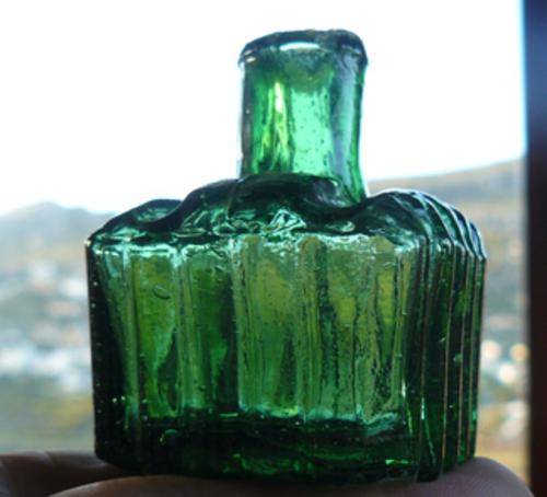 Emerald Green Square Fluted Victorian Ink Bottle