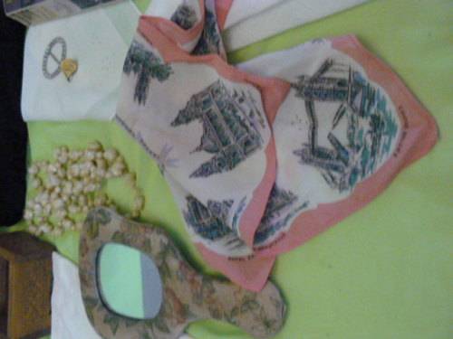 MIXED LOT FOR THE LADIES !@! HANKIES, GLOVES, BAG, WOODEN TRINKET, NOVEL ODDS AND ENDS !@!.......