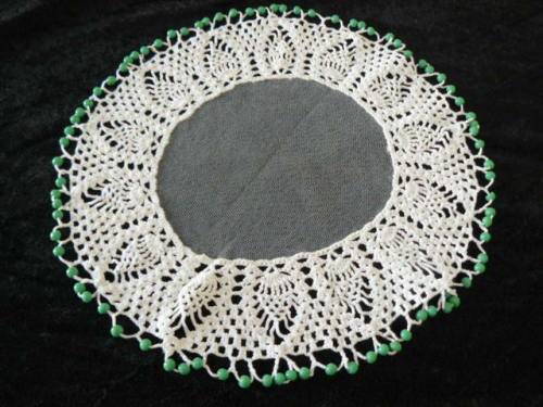 VINTAGE COTTON AND NET HAND CROCHETED JUG COVER BEADED 25 CM