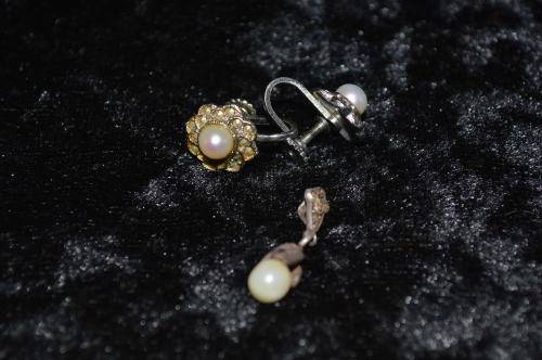 Very pretty ` faux pearl` and marcasite silver toned earrings and pendant set