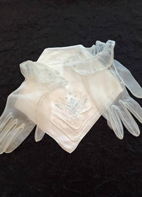 Stunning set of 3 vintage embroidered hankies and matching gloves