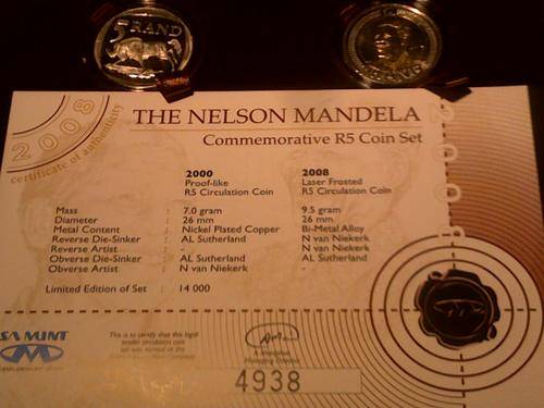 NELSON MANDELA COMMEMORATIVE R5 COIN SET.ONLY 14000 SETS.PROOF LIKE/LASER FROSTED