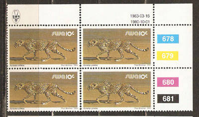 SWA 1983 - Definitive 10c controll strip of 4 - SACC 361a repr cyl 678-681 MNH as per scan