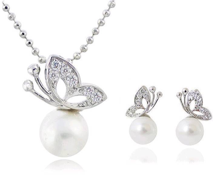 Silver Butterfly Pearl Necklace & Earring Set