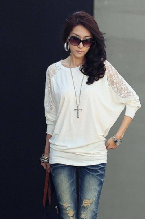 Long Sleeve Shirt with Lace Detail - White
