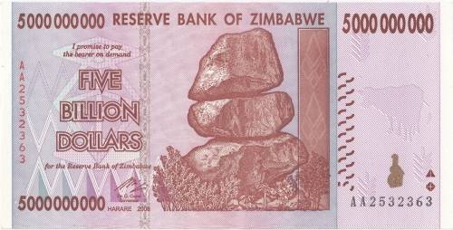 ZIMBABWE -  UNCIRCULATED FIVE BILLION DOLLARS NOTE