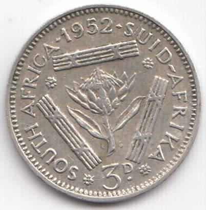 1952   THREEPENCE COIN SILVER   SA                SUN9685