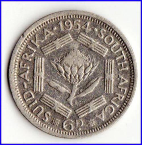 SOUTH AFRICA 6 PENCE 1954 SUN2444