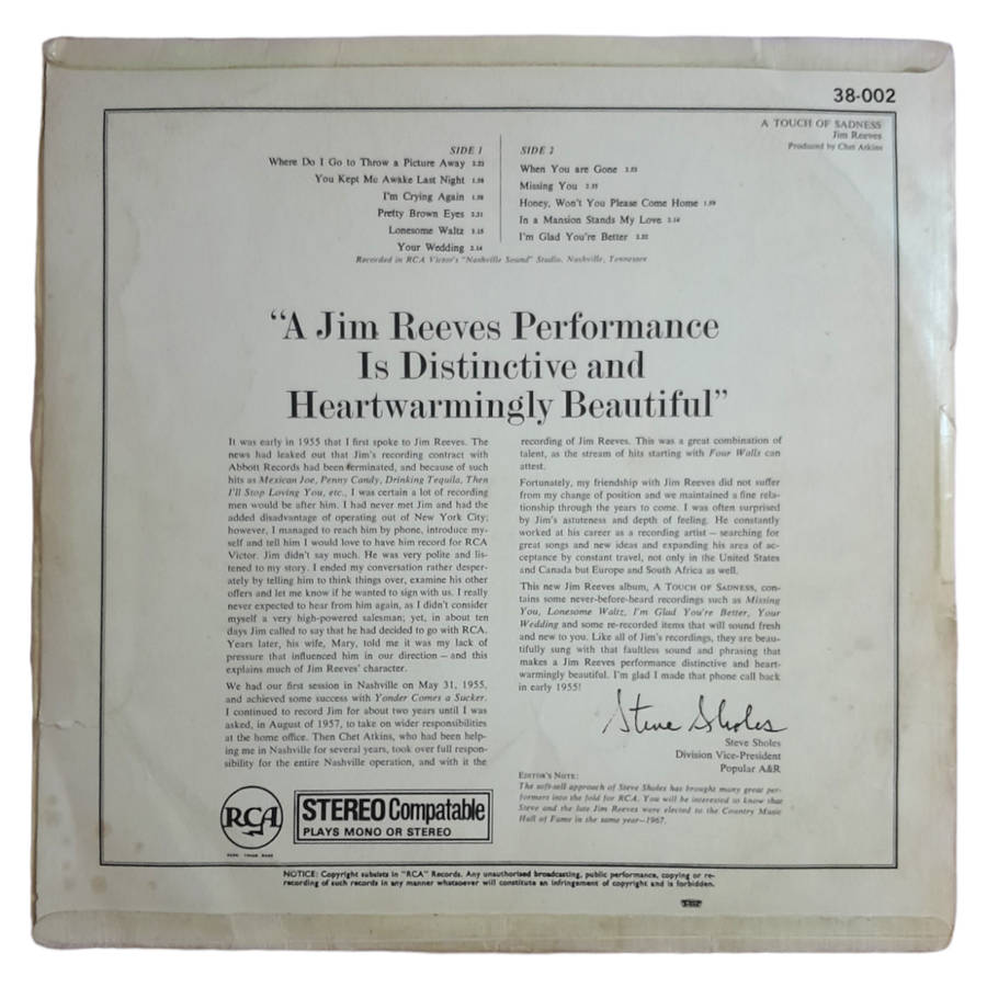 1968 Jim Reeves - A Touch Of Sadness - Vinyl, 7`, 33 RPM - Folk, World & Country - Very Good - With