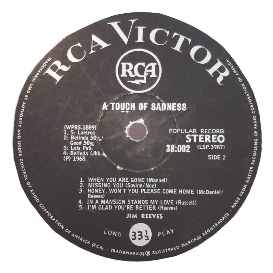 1968 Jim Reeves - A Touch Of Sadness - Vinyl, 7`, 33 RPM - Folk, World & Country - Very Good - With