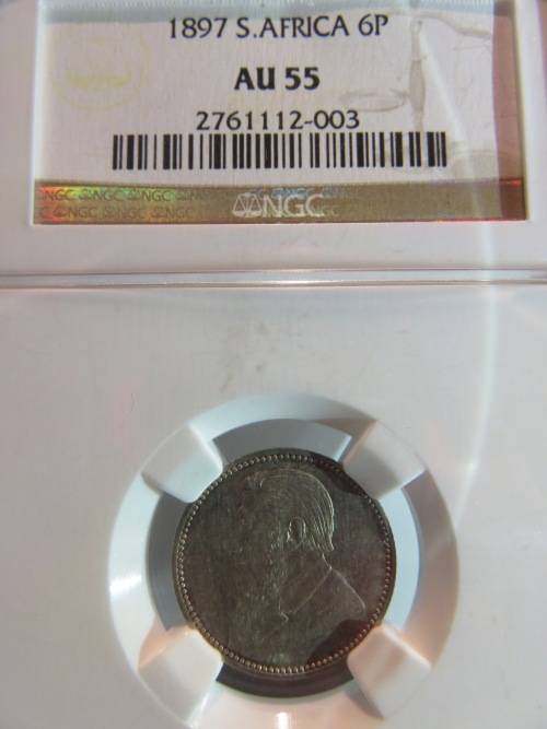 1897 ZAR SILVER 6 Pence NGC GRADED AU55 | Lustrous |