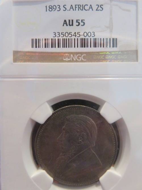 1893 ZAR SILVER 2 SHILLING NGC GRADED AU55 | LUSTROUS |