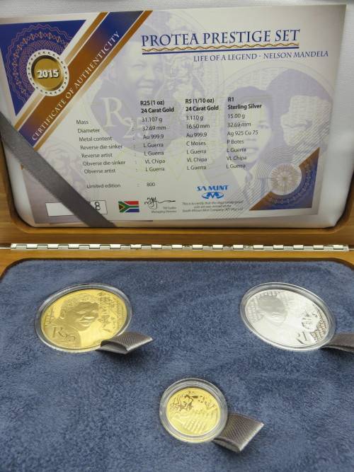2015 SA Protea Prestige Set - 1oz, 1/10th Gold 24 Carat and R1 Silver | Fun R1 Start |