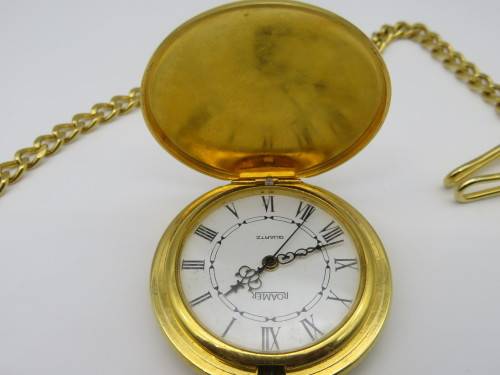 Beautiful Roamer Rolled Gold Pocket Quartz Pocket Watch with chain - Perfect Working Condition