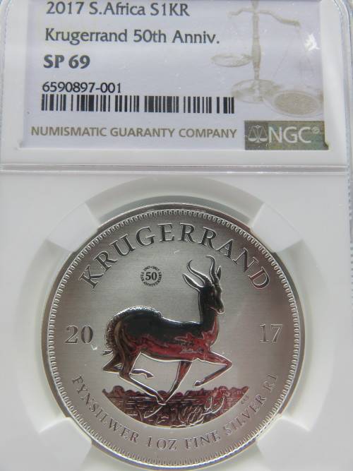 South Africa: Republic Krugerrand 50th Anniversary 1oz Fine Silver of 2017 SP 69 NGC