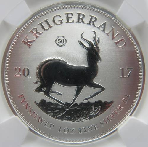 South Africa: Republic Krugerrand 50th Anniversary 1oz Fine Silver of 2017 SP 69 NGC
