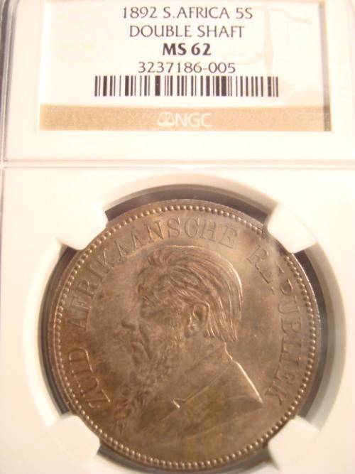 1892 ZAR 5 Shilling Double Shaft NGC Graded MS62 ### PERFECT Mint State 62 ### R1 Start