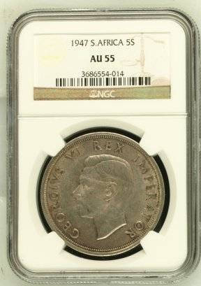 1947 SA Union Silver 5 Shilling (Crown) NGC Graded AU55 # LUSTROUS # R1 Start