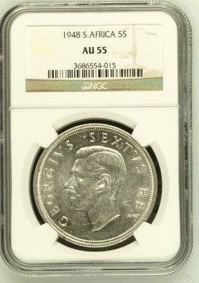 1948 SA Union Silver 5 Shilling (Crown) NGC Graded AU55 # LUSTROUS # R1 Start