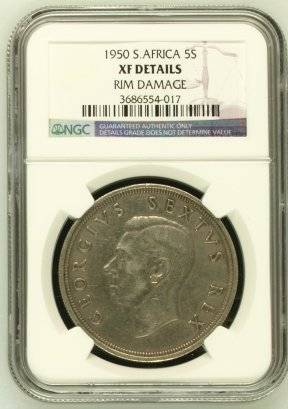 1950 SA Union Silver 5 Shilling (Crown) NGC Graded XF Details # R1 Start