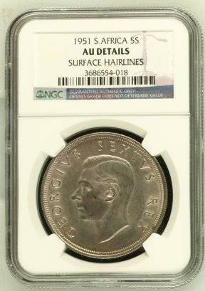 1951 SA Union Silver 5 Shilling (Crown) NGC Graded AU Details # R1 Start