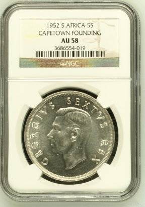 1952 SA Union Silver 5 Shilling (Crown) NGC Graded AU58 # LUSTROUS # R1 Start