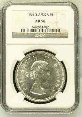 1953 SA Union Silver 5 Shilling (Crown) NGC Graded AU58 # LUSTROUS # R1 Start