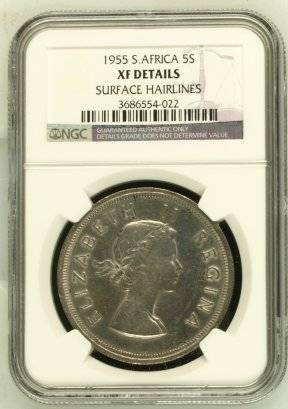 1955 SA Union Silver 5 Shilling (Crown) NGC Graded XF Details # R1 Start